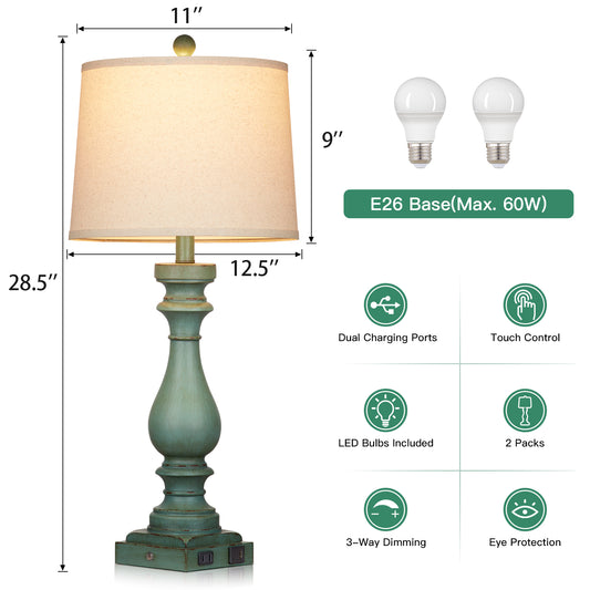 Table lamps with green resin, universal USB Type - C charging ports and AC outlet (Set of 2)