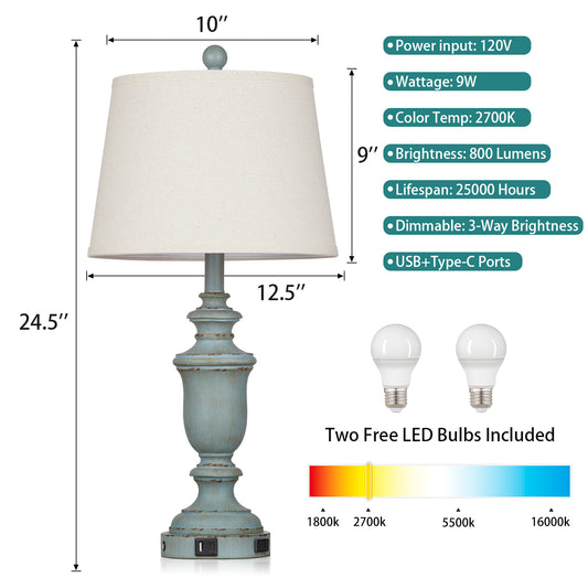 Blue resin tilted drum shade table lamps with a 3 - way touch dimming switch, USB Type - C charging ports and an AC outlet (Set of 2)
