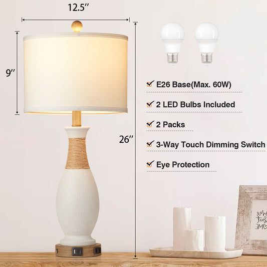 White Resin Table Lamp with Gooseneck, Touch Dimming, USB & Type C Ports, AC Outlet, No Strobe (Set of 2)