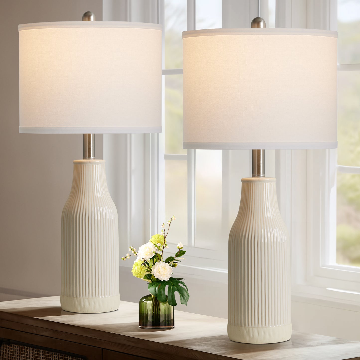 Cinkeda 26" Ceramic Table Lamps Set of 2 with Rotary Switch, Modern Farmhouse White Glaze & Drum Shade for Bedroom Living Room