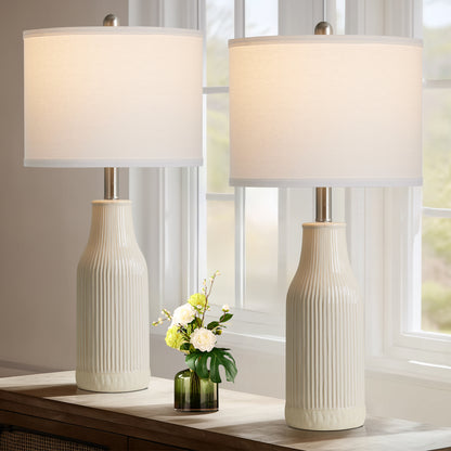 Cinkeda 26" Ceramic Table Lamps Set of 2 with Rotary Switch, Modern Farmhouse White Glaze & Drum Shade for Bedroom Living Room
