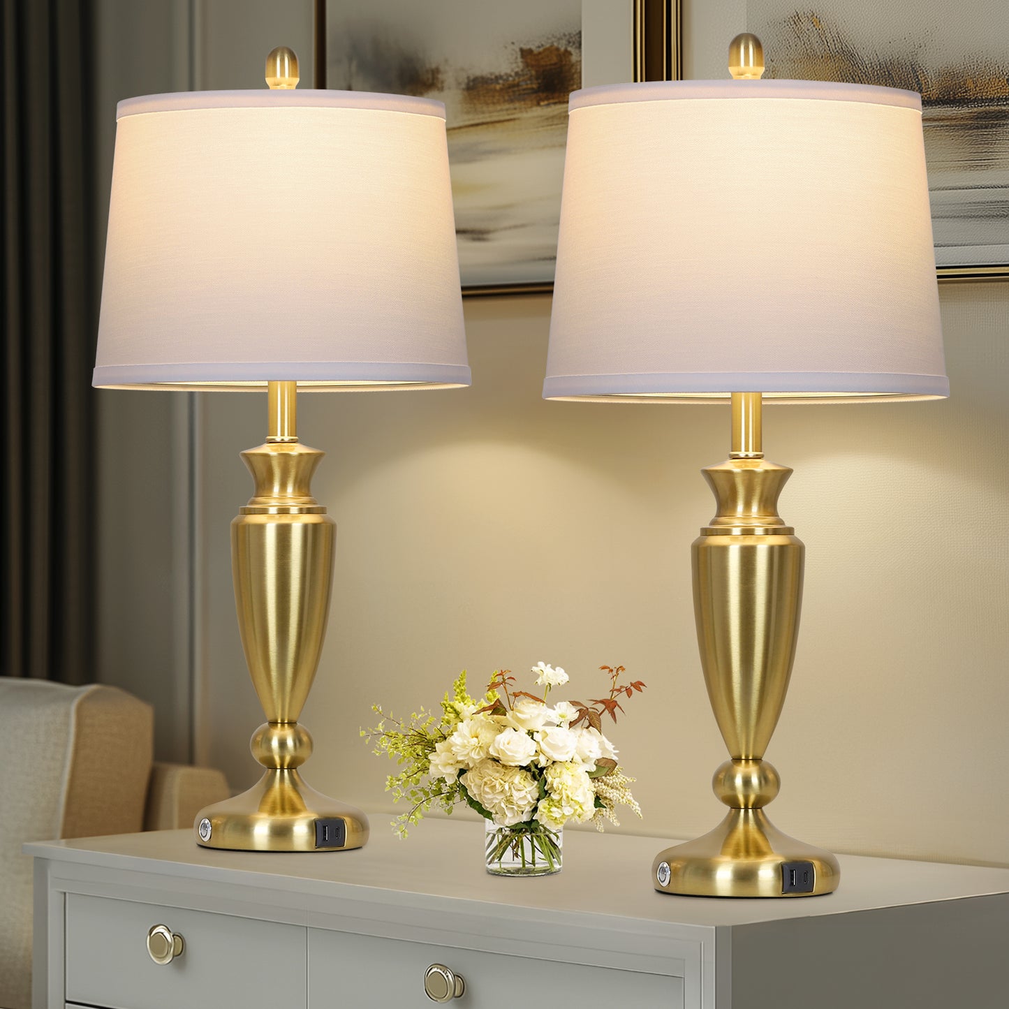 Cinkeda Table Lamps Set of 2 for Bedroom Living Room 27" Tall Gold Industrial Bedside Lamp with USB +C Charging Ports Modern 3-Way Dimmable Touch Control Nightstand Lamp