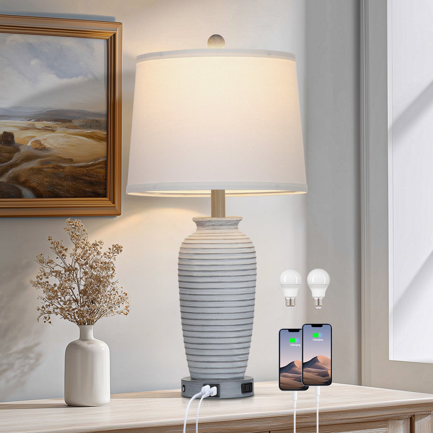 Cinkeda 25" Touch Control Table Lamp, Gray-White Resin Jar Body with White Linen Shade, USB-C & AC Outlet, 3-Level Dimmable, Dimmable LED Bulb Included for Bedroom