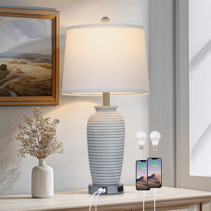 Cinkeda 25" Touch Control Table Lamp, Gray-White Resin Jar Body with White Linen Shade, USB-C & AC Outlet, 3-Level Dimmable, Dimmable LED Bulb Included for Bedroom