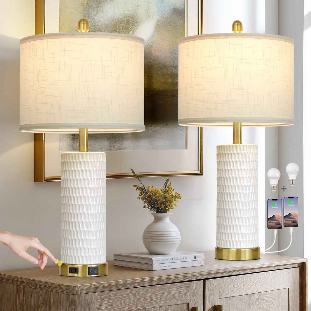 Cinkeda 27" White Ceramic Table Lamps Set of 2, 3-Level Touch Control Bedside Nightstand Lamps with USB & Type-C Ports, AC Outlet for Living Room