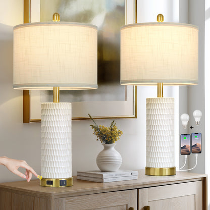 Cinkeda 27" White Ceramic Table Lamps Set of 2, 3-Level Touch Control Bedside Nightstand Lamps with USB & Type-C Ports, AC Outlet for Living Room
