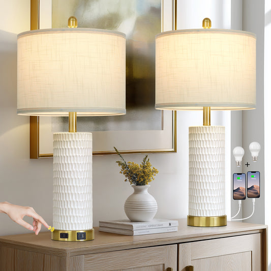 Cinkeda 27" White Ceramic Table Lamps Set of 2, 3-Level Touch Control Bedside Nightstand Lamps with USB & Type-C Ports, AC Outlet for Living Room