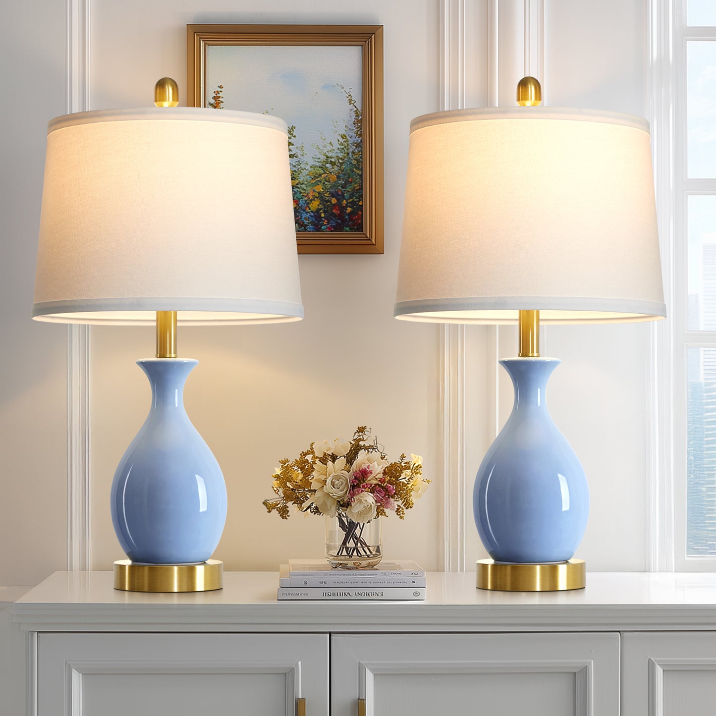Cinkeda 24" Blue Ceramic Table Lamps Set of 2, Modern Classic Bedside Lamp with Gold Accents for Living Room Bedroom
