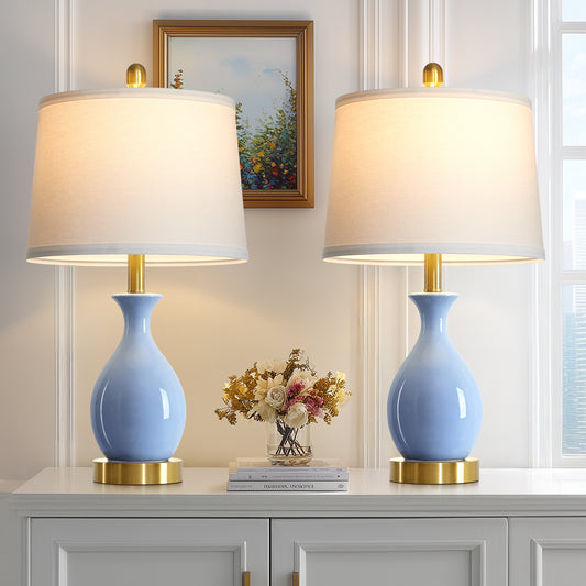 Cinkeda 24" Blue Ceramic Table Lamps Set of 2, Modern Classic Bedside Lamp with Gold Accents for Living Room Bedroom