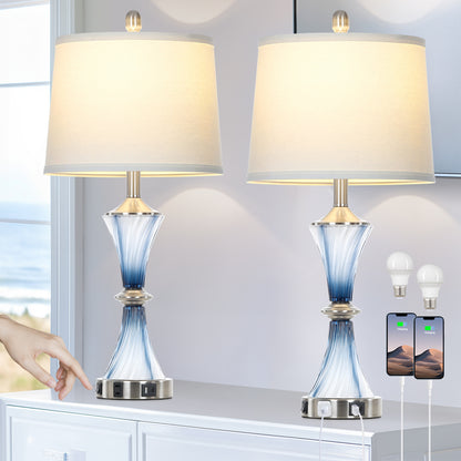 Cinkeda 27" Blue Gradient Glass Table Lamps Set of 2 with USB-C/A Ports & AC Outlet,Coastal Lamp for Night Stands Bedroom Living Room