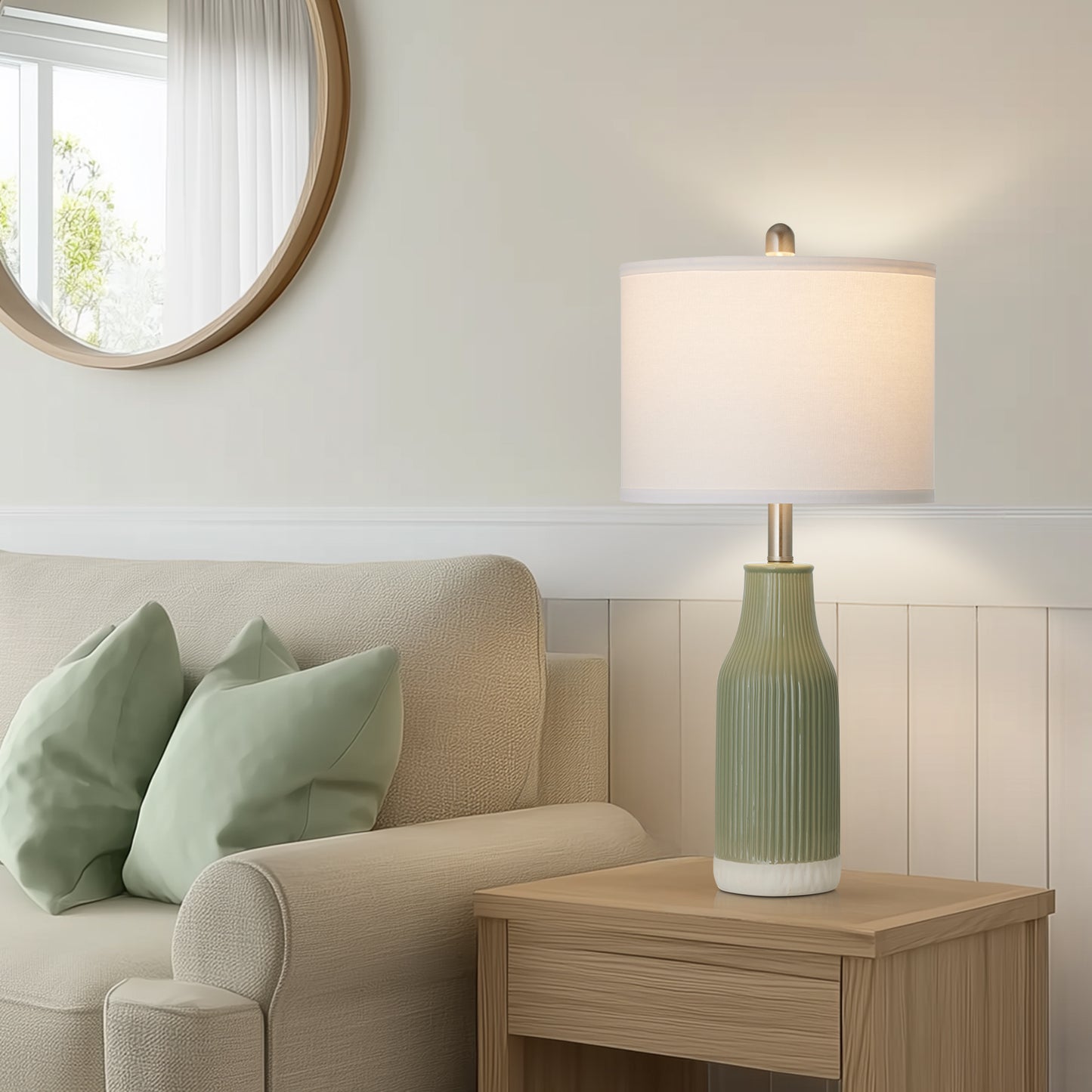 Cinkeda 24.5" Ceramic Table Lamps Set of 2 with Rotary Switch, Modern Farmhouse White Glaze & Drum Shade for Bedroom Living Room