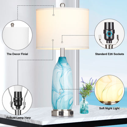 Cinkeda Coastal Glass Table Lamp Set of 2 with Nightlight USB A+C Ports AC Outlet Modern 3 Way Dimmable Touch Control Nautical Blue Nightstand Bedside Lamps for Living Room Bedroom