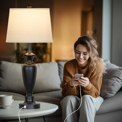 Modern Table Lamps with Oatmeal Fabric Shades, USB/Type-C Ports & Touch Dimming(Set of 2)