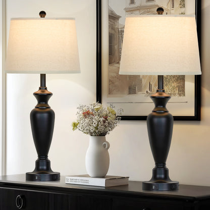 Modern Table Lamps with Oatmeal Fabric Shades, USB/Type-C Ports & Touch Dimming(Set of 2)