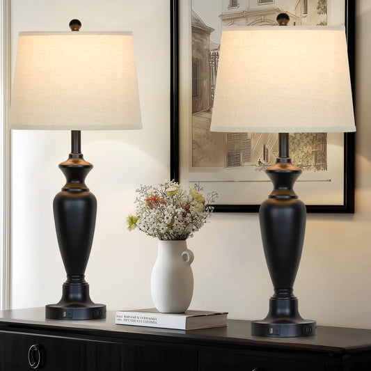 Modern Table Lamps with Oatmeal Fabric Shades, USB/Type-C Ports & Touch Dimming(Set of 2)