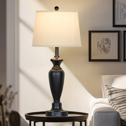 Modern Table Lamps with Oatmeal Fabric Shades, USB/Type-C Ports & Touch Dimming(Set of 2)