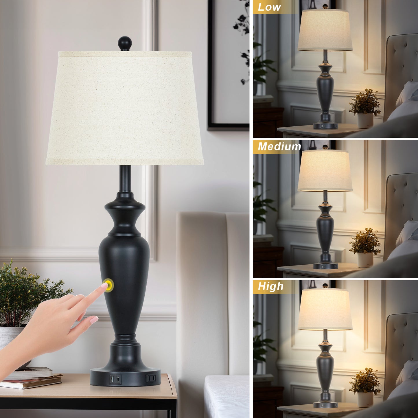 Modern Table Lamps with Oatmeal Fabric Shades, USB/Type-C Ports & Touch Dimming(Set of 2)