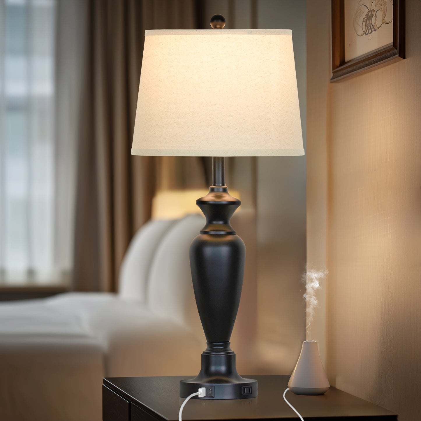Modern Table Lamps with Oatmeal Fabric Shades, USB/Type-C Ports & Touch Dimming(Set of 2)