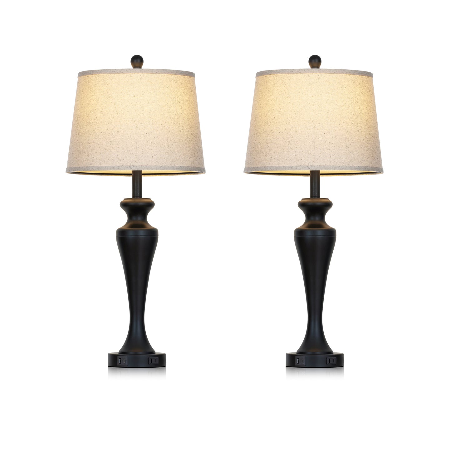 30" Classic Table Lamp, Black Base with USB/Type-C & AC Outlet, Linen Shade, E26 Dimmable LED Bulb Included, 3-Way Touch Switch for Bedroom/Living Room(Set of 2)