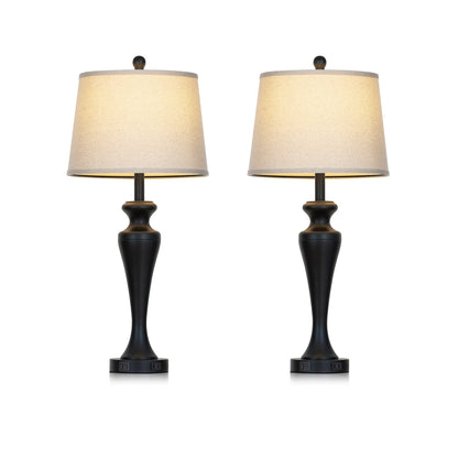 30" Classic Table Lamp, Black Base with USB/Type-C & AC Outlet, Linen Shade, E26 Dimmable LED Bulb Included, 3-Way Touch Switch for Bedroom/Living Room(Set of 2)