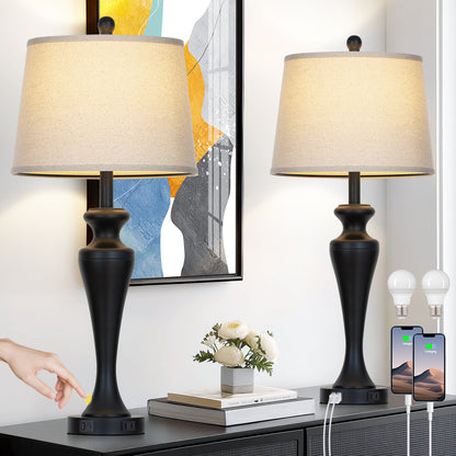 30" Classic Table Lamp, Black Base with USB/Type-C & AC Outlet, Linen Shade, E26 Dimmable LED Bulb Included, 3-Way Touch Switch for Bedroom/Living Room(Set of 2)