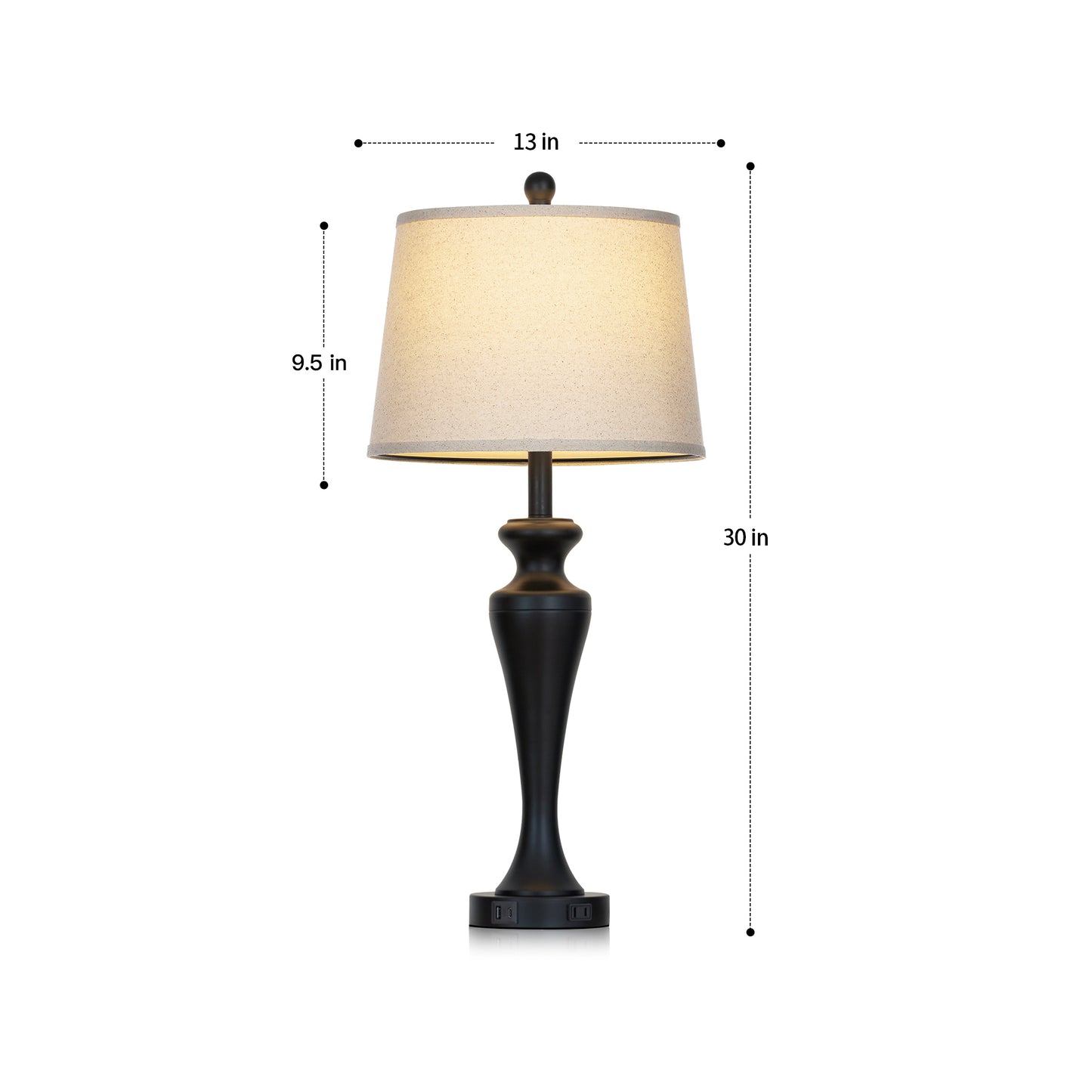 30" Classic Table Lamp, Black Base with USB/Type-C & AC Outlet, Linen Shade, E26 Dimmable LED Bulb Included, 3-Way Touch Switch for Bedroom/Living Room(Set of 2)