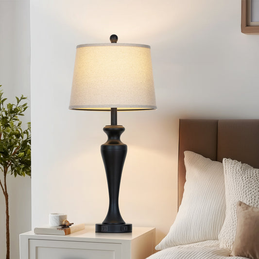 30" Classic Table Lamp, Black Base with USB/Type-C & AC Outlet, Linen Shade, E26 Dimmable LED Bulb Included, 3-Way Touch Switch for Bedroom/Living Room(Set of 2)