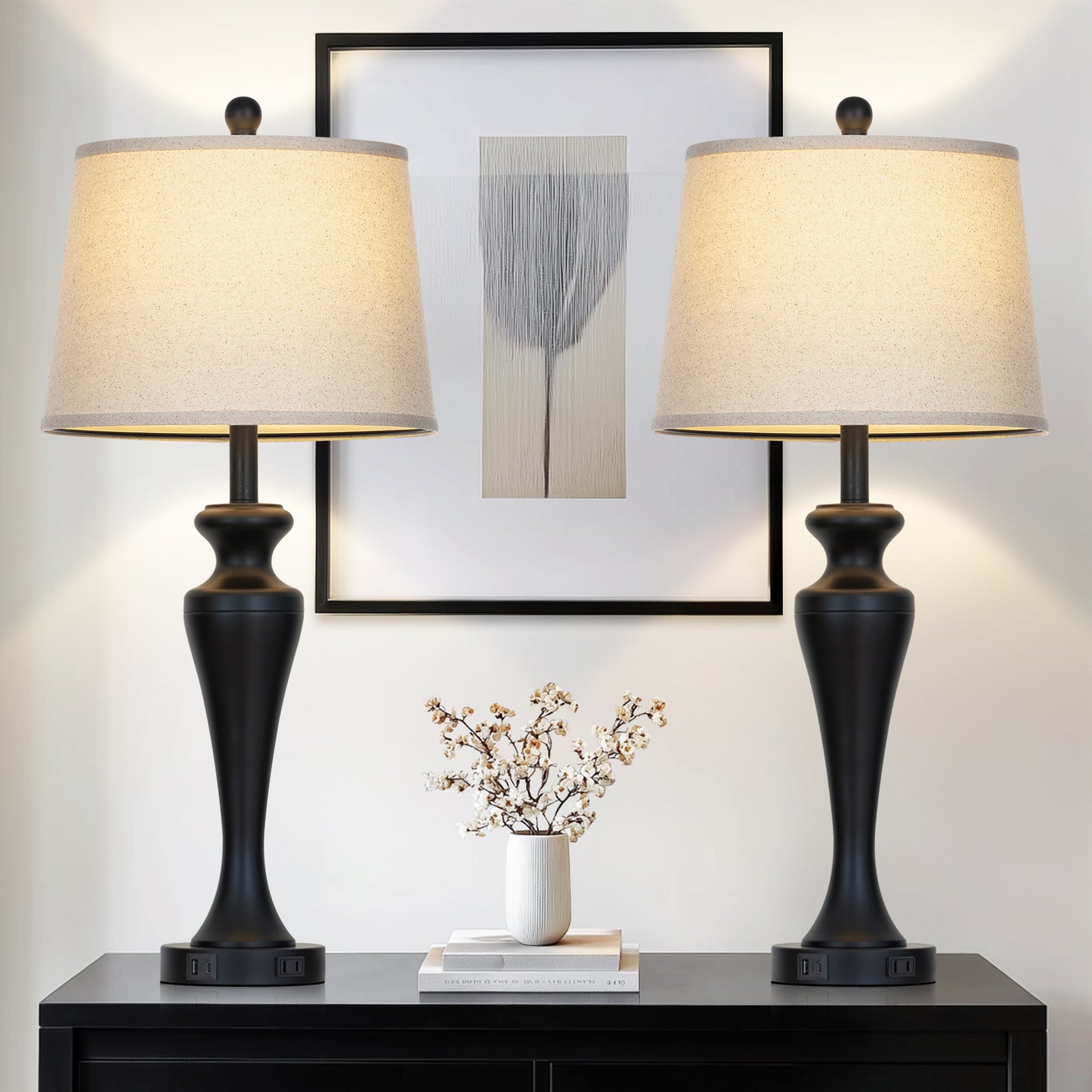 30" Classic Table Lamp, Black Base with USB/Type-C & AC Outlet, Linen Shade, E26 Dimmable LED Bulb Included, 3-Way Touch Switch for Bedroom/Living Room(Set of 2)