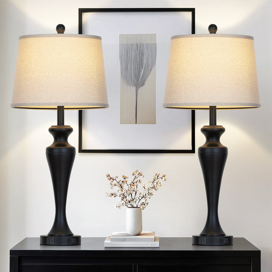 30" Classic Table Lamp, Black Base with USB/Type-C & AC Outlet, Linen Shade, E26 Dimmable LED Bulb Included, 3-Way Touch Switch for Bedroom/Living Room(Set of 2)