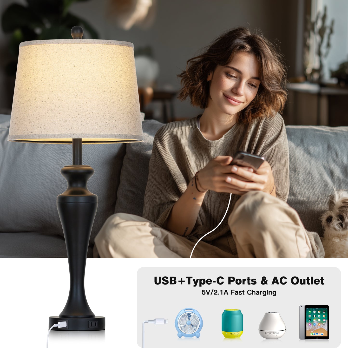 30" Classic Table Lamp, Black Base with USB/Type-C & AC Outlet, Linen Shade, E26 Dimmable LED Bulb Included, 3-Way Touch Switch for Bedroom/Living Room(Set of 2)