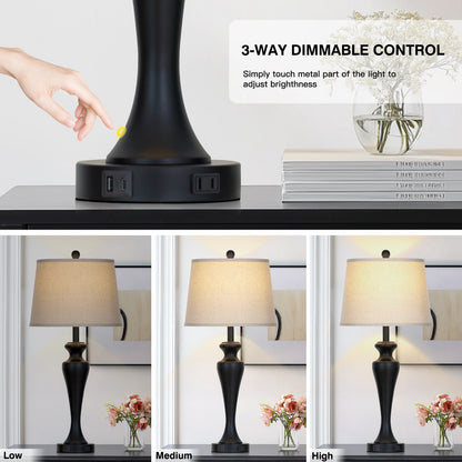 30" Classic Table Lamp, Black Base with USB/Type-C & AC Outlet, Linen Shade, E26 Dimmable LED Bulb Included, 3-Way Touch Switch for Bedroom/Living Room(Set of 2)