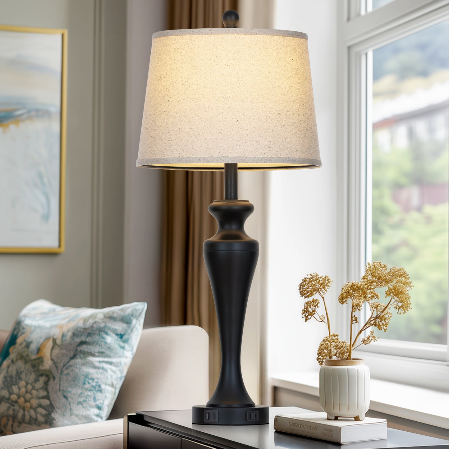 30" Classic Table Lamp, Black Base with USB/Type-C & AC Outlet, Linen Shade, E26 Dimmable LED Bulb Included, 3-Way Touch Switch for Bedroom/Living Room(Set of 2)