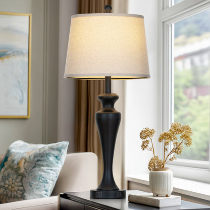 30" Classic Table Lamp, Black Base with USB/Type-C & AC Outlet, Linen Shade, E26 Dimmable LED Bulb Included, 3-Way Touch Switch for Bedroom/Living Room(Set of 2)