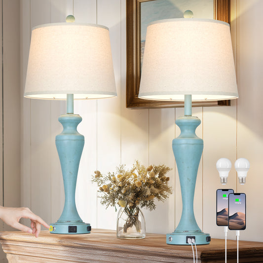 30'' Vintage-Style Table Lamp with USB/Type-C Ports & AC Outlet – Adjustable 9W LED, Brown Cord, Linen Shade(Set of 2)