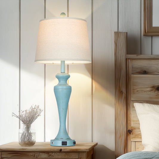 30'' Vintage-Style Table Lamp with USB/Type-C Ports & AC Outlet – Adjustable 9W LED, Brown Cord, Linen Shade(Set of 2)