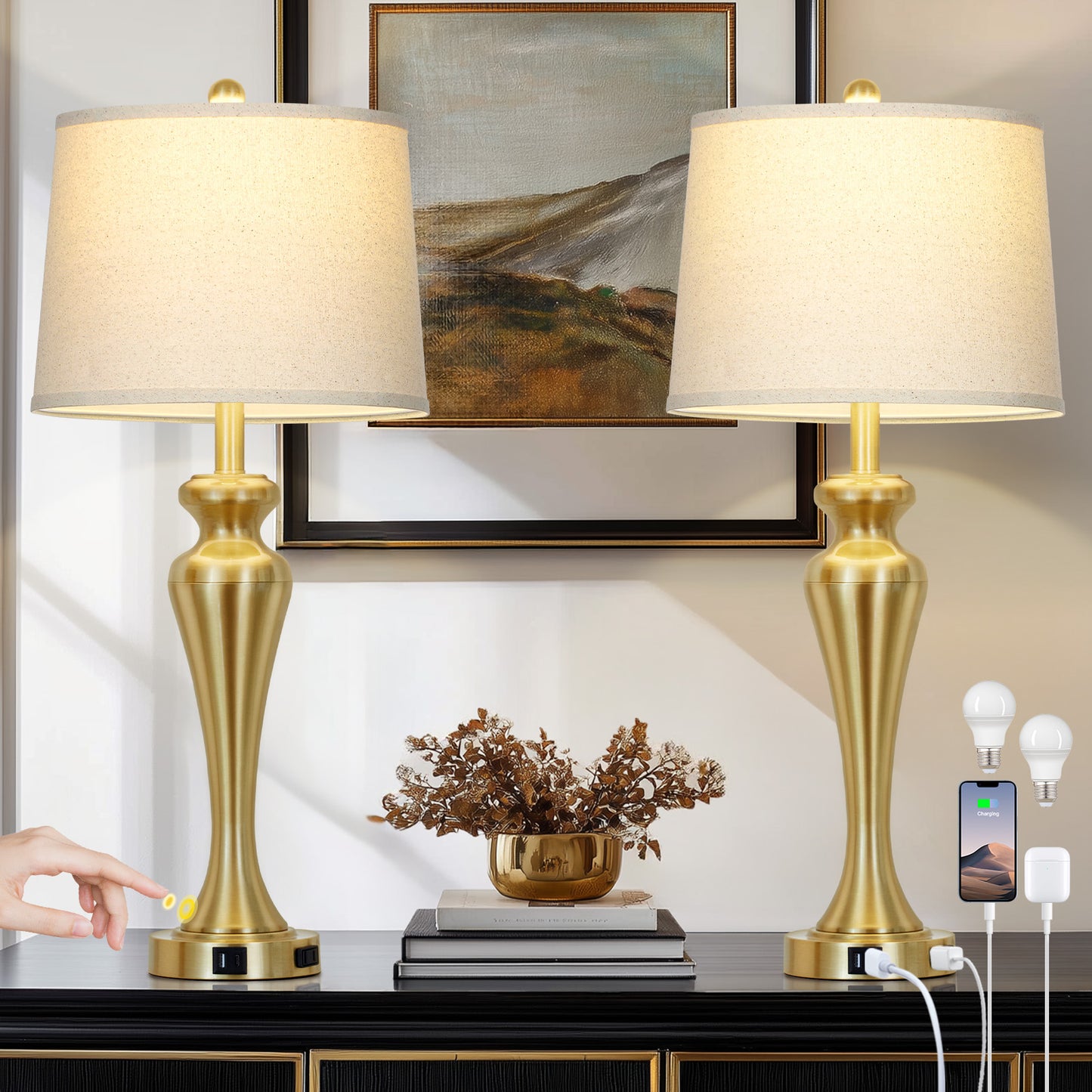 Modern Golden Table Lamp with USB-C & AC Outlet, Touch Control, and LED Bulb(Set of 2)