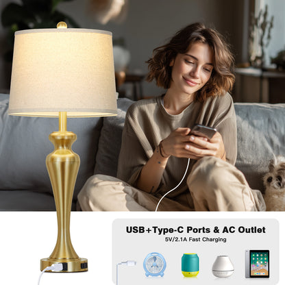 Modern Golden Table Lamp with USB-C & AC Outlet, Touch Control, and LED Bulb(Set of 2)