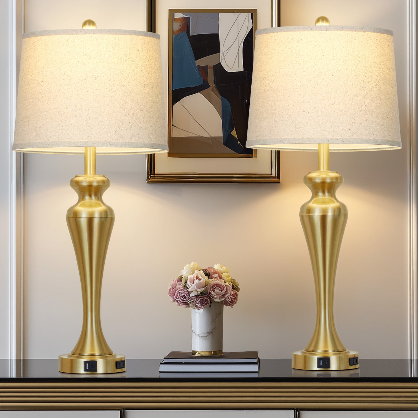 Modern Golden Table Lamp with USB-C & AC Outlet, Touch Control, and LED Bulb(Set of 2)