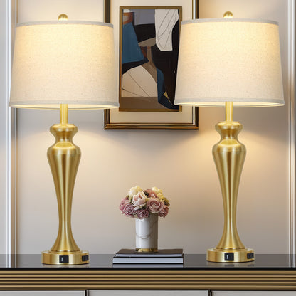 Modern Golden Table Lamp with USB-C & AC Outlet, Touch Control, and LED Bulb(Set of 2)