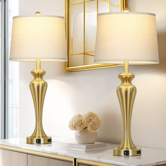 Modern Golden Table Lamp with USB-C & AC Outlet, Touch Control, and LED Bulb(Set of 2)