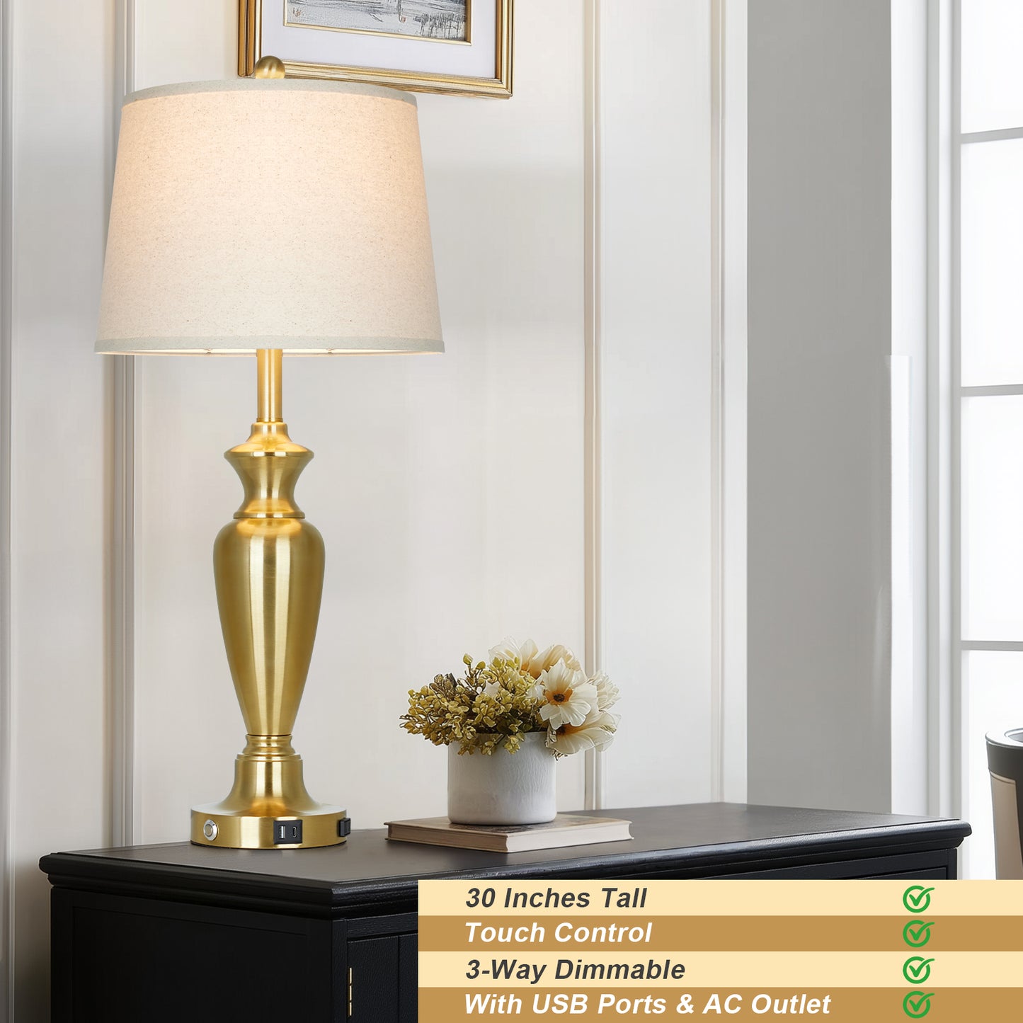 30'' Gold Brass Table Lamp Set – 11” Oatmeal Linen Drum Shade with Easy Assembly(Set of 2)