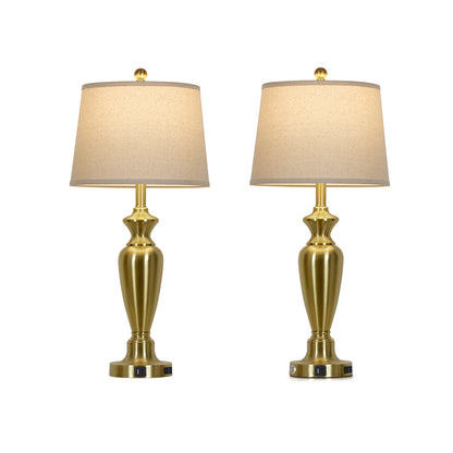 30'' Gold Brass Table Lamp Set – 11” Oatmeal Linen Drum Shade with Easy Assembly(Set of 2)