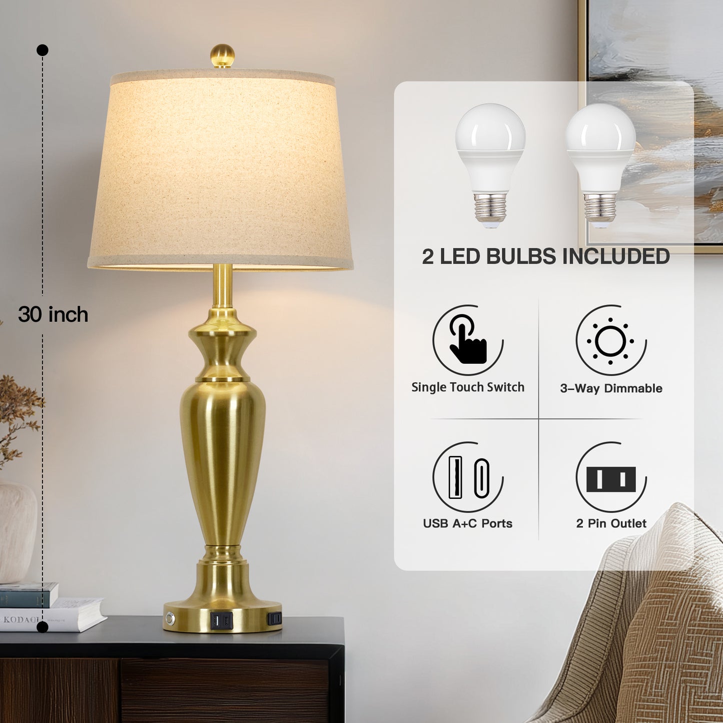 30'' Gold Brass Table Lamp Set – 11” Oatmeal Linen Drum Shade with Easy Assembly(Set of 2)