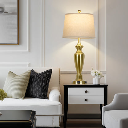 30'' Gold Brass Table Lamp Set – 11” Oatmeal Linen Drum Shade with Easy Assembly(Set of 2)