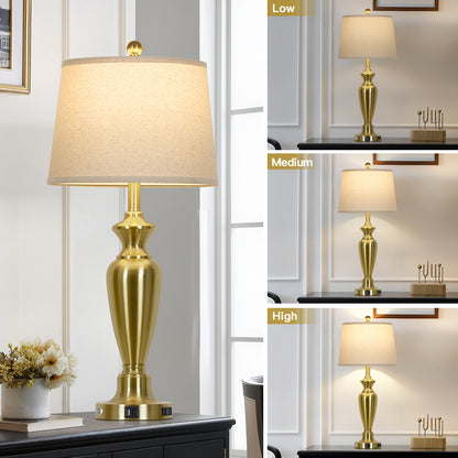 30'' Gold Brass Table Lamp Set – 11” Oatmeal Linen Drum Shade with Easy Assembly(Set of 2)
