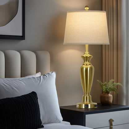 30'' Gold Brass Table Lamp Set – 11” Oatmeal Linen Drum Shade with Easy Assembly(Set of 2)