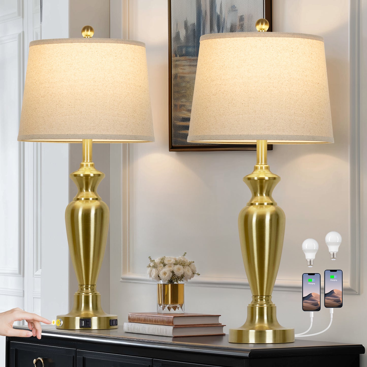 30'' Gold Brass Table Lamp Set – 11” Oatmeal Linen Drum Shade with Easy Assembly(Set of 2)