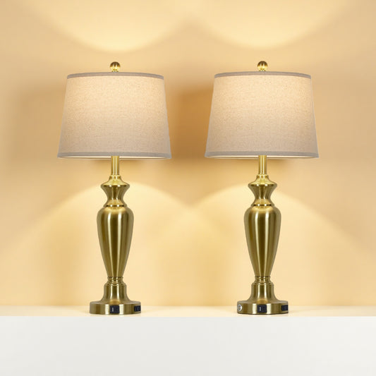 30'' Gold Brass Table Lamp Set – 11” Oatmeal Linen Drum Shade with Easy Assembly(Set of 2)