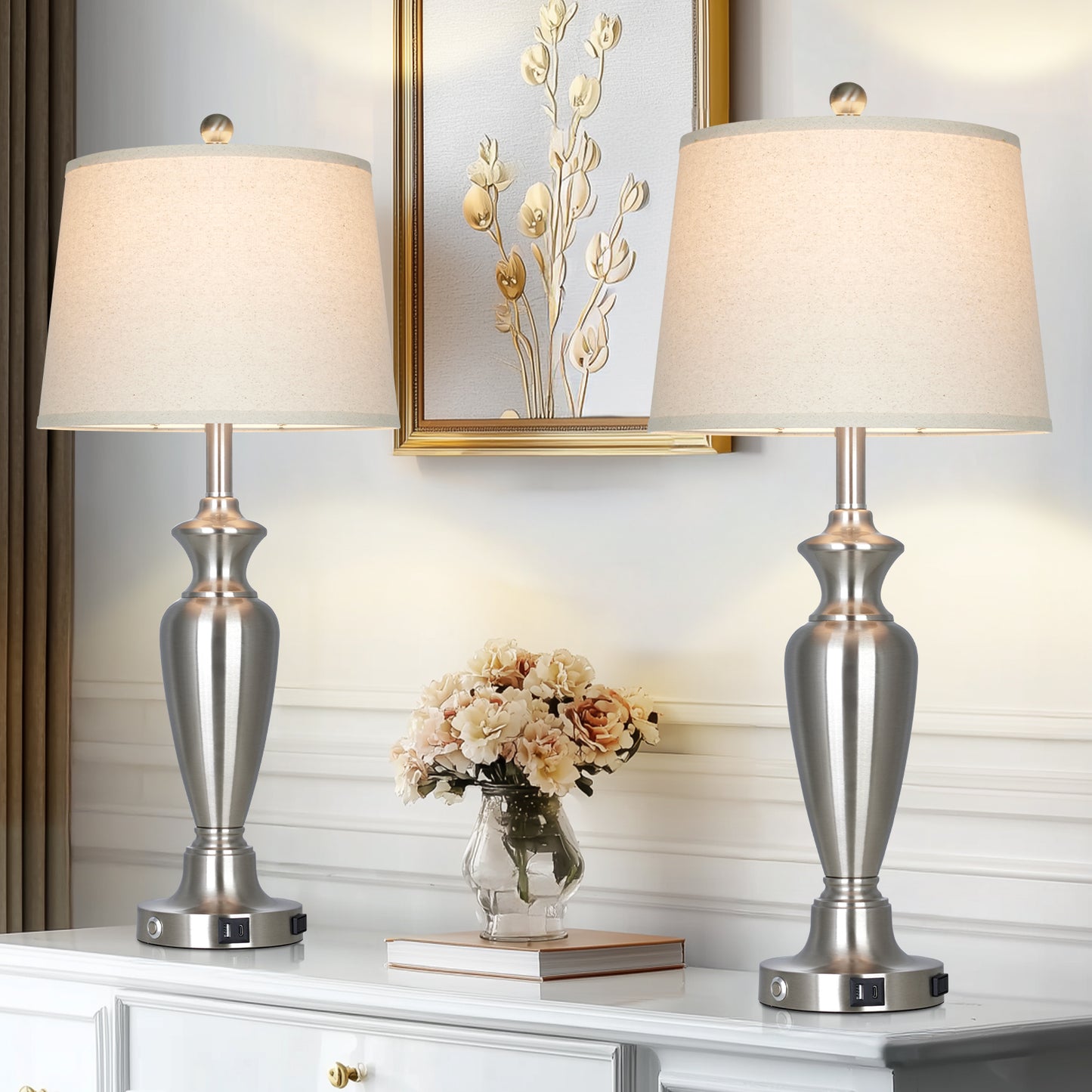 30‘’ Modern Silver Table Lamp with Oatmeal Linen Shade, USB/Type-C Charging & Touch Dimmer(Set of 2)