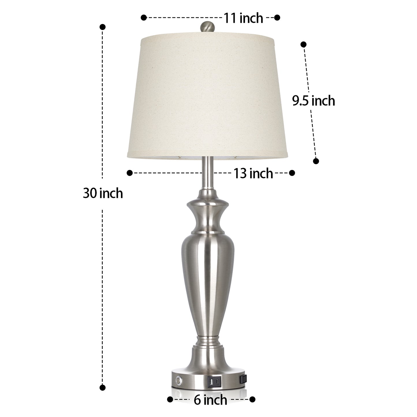 30‘’ Modern Silver Table Lamp with Oatmeal Linen Shade, USB/Type-C Charging & Touch Dimmer(Set of 2)